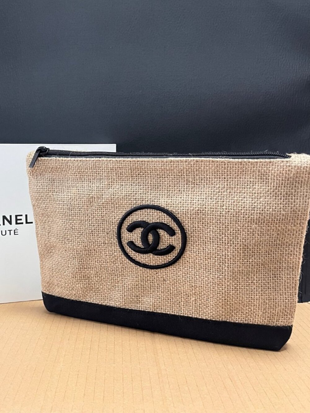 CHANEL LINEN MAKEUP POUCH. [N.I.B.]